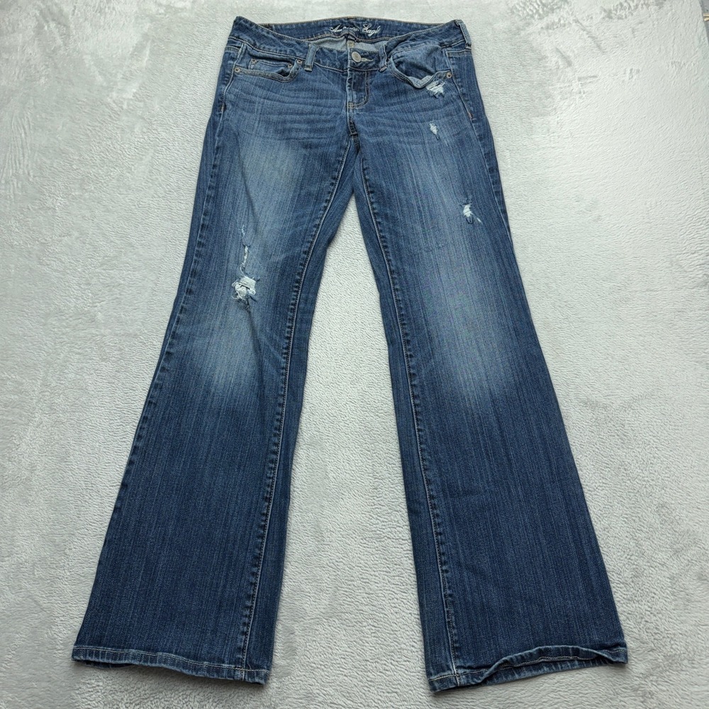 American Eagle Favorite Boyfriend Jeans Womens 8 Long Low Rise Blue Distressed